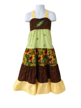 Girls Sunflower Tiered Maxi Costume Dress in Brown and Yellow